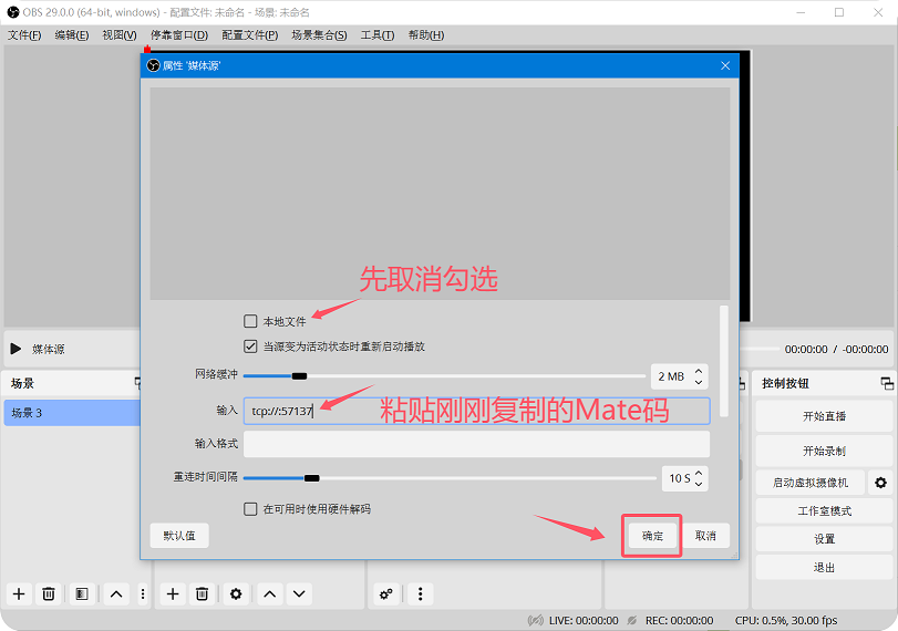 Paste Mate code in OBS illustration